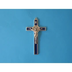Krzyż metalowy z medalem Św.Benedykta 12,5 cm Wersja Lux niebieski